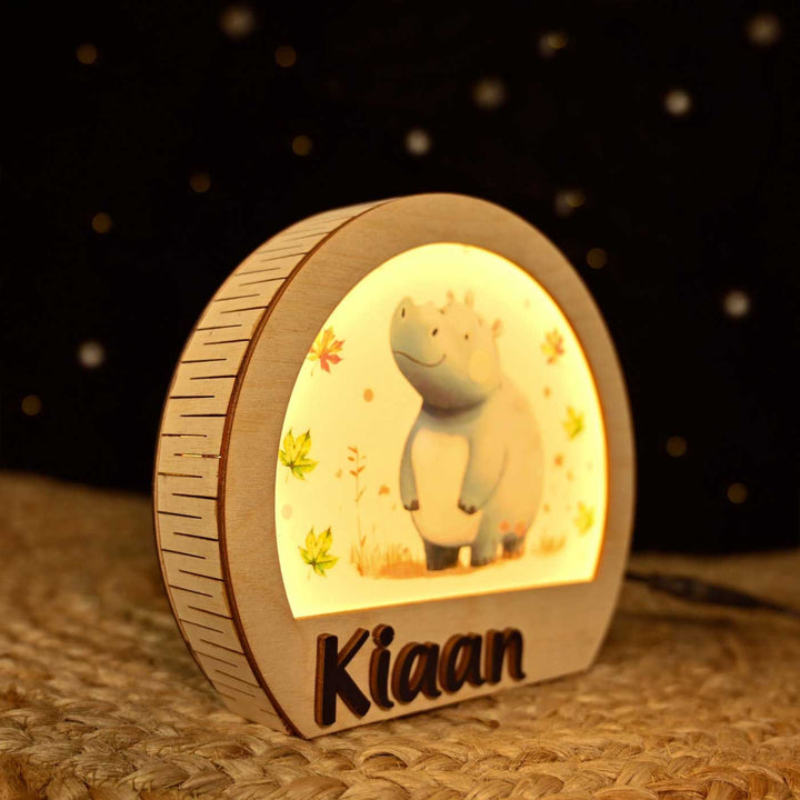Personalized Hippo Theme Wooden Table Lamp With 3D Letters