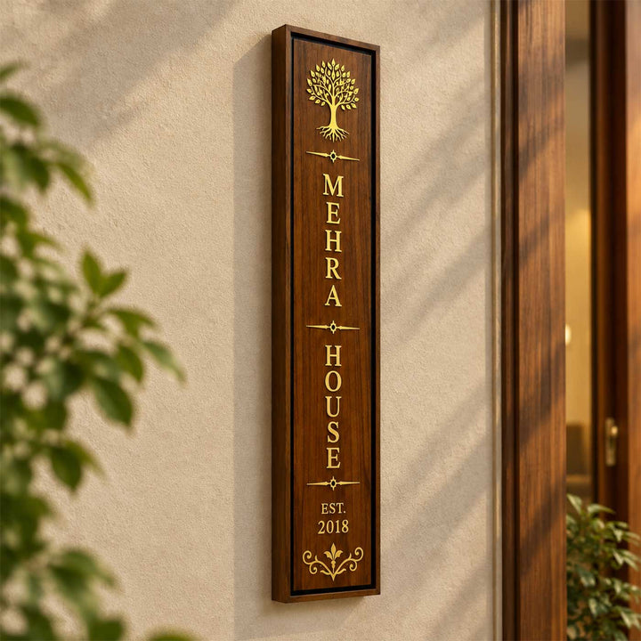 Minimal Linear Design Vertical Slim Personalized Handcrafted Teak Wood Name Plate With Inlaid Brass Lettering & Resin Border For Home