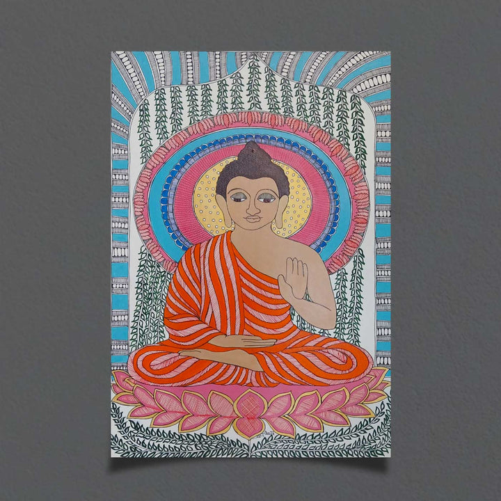 24 x 16 Inch | Buddha | Original Hand Painted Madhubani Painting | Acrylic Paints On Paper
