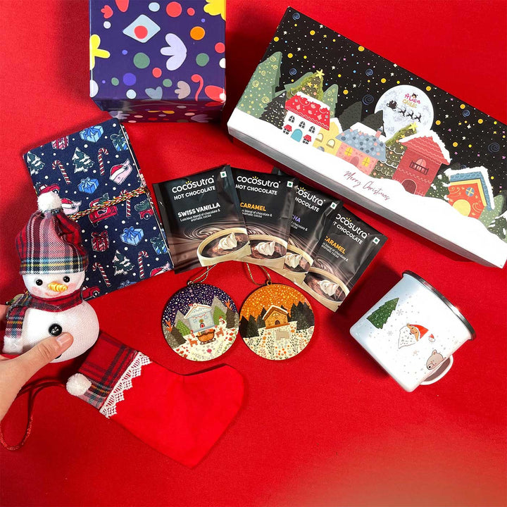 Handmade Winter Wonderland Christmas Hamper | Includes Diary, Mug, Hot Chocolate, Snowman, Hanging Sock, Hangings And Box