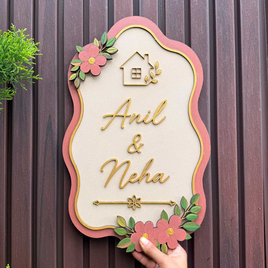 "Pastel Flower" Handcrafted Personalized Wooden Name Plate For Home