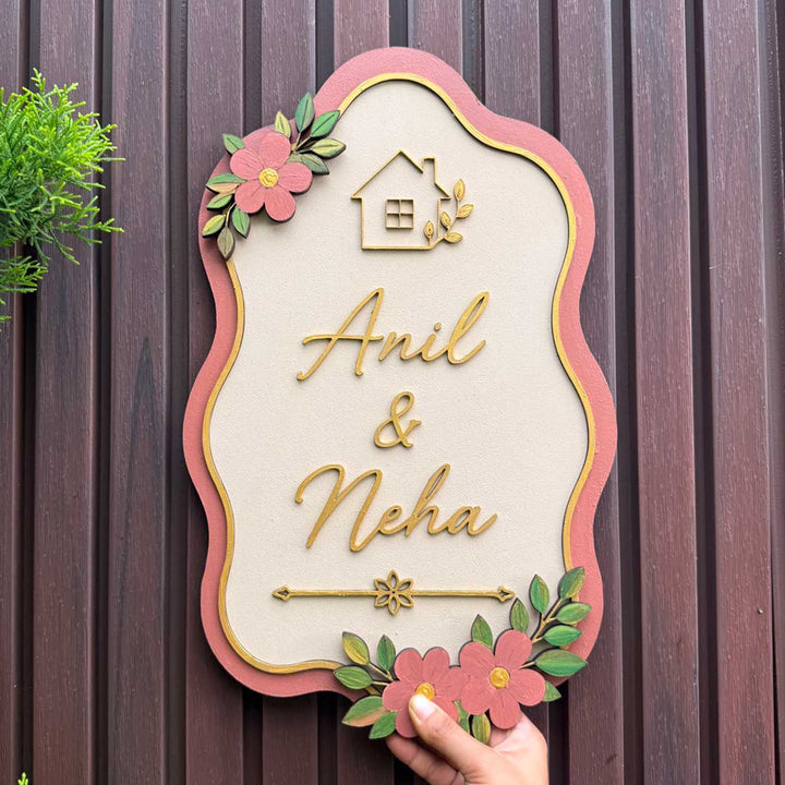 "Pastel Flower" Handcrafted Personalized Wooden Name Plate For Home