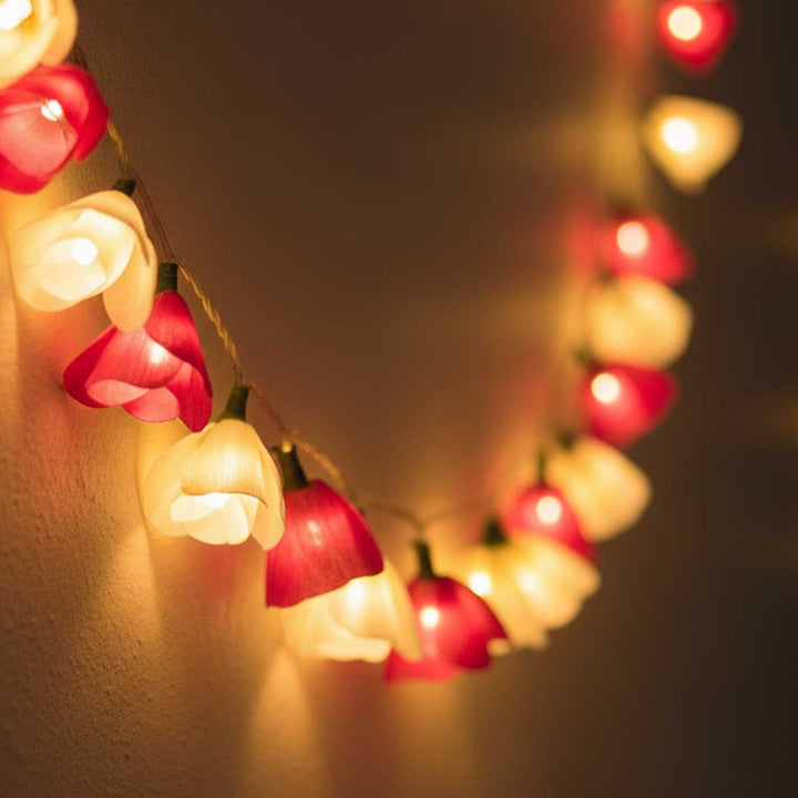 Handmade Poov String Light Pink Color Sholapith Fairy Light