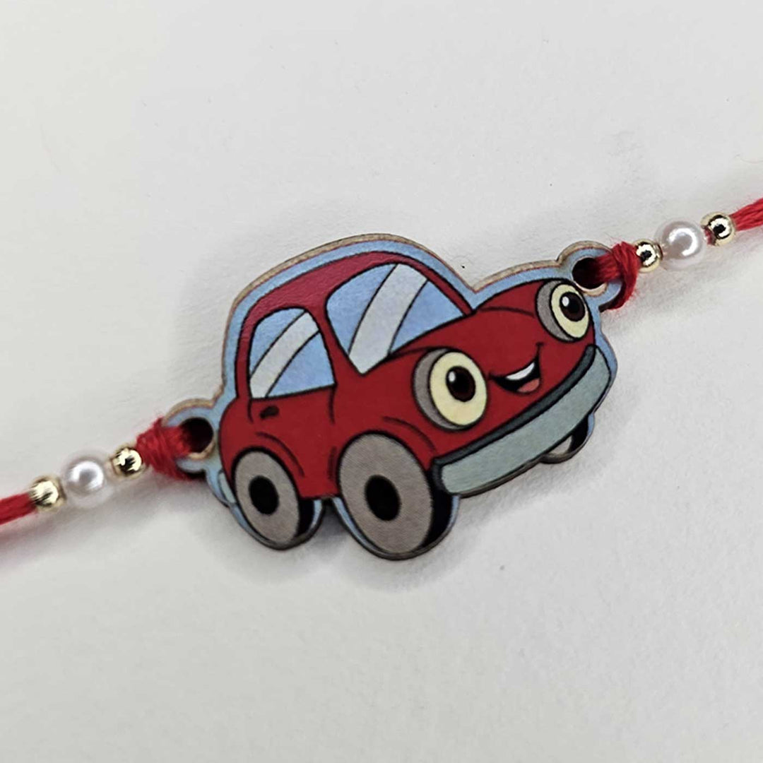 Handmade Car Theme Mdf Wood Kids Rakhi With Roli Chawal - Angled Side View Showing Depth