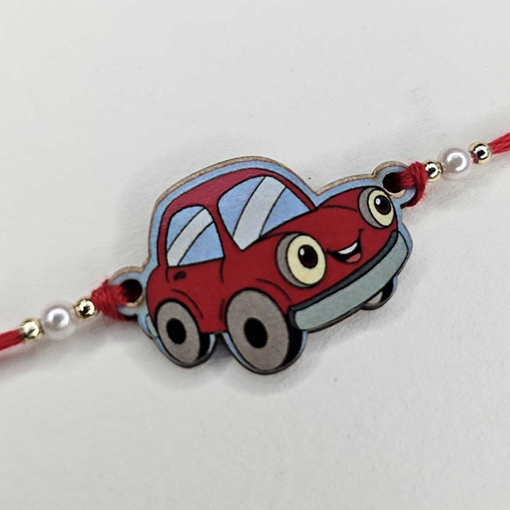 Handmade Car Theme Mdf Wood Kids Rakhi With Roli Chawal - Angled Side View Showing Depth