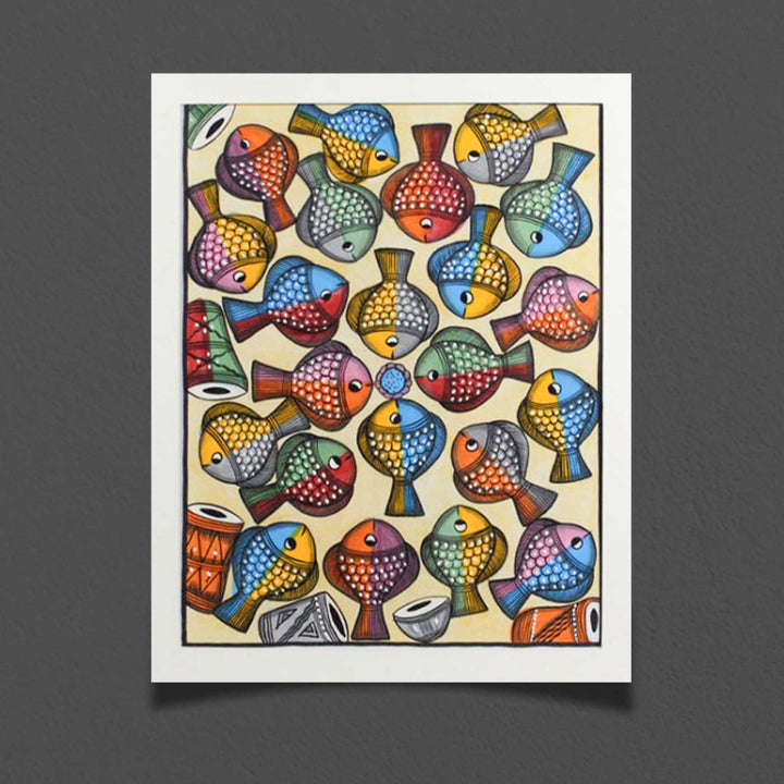 26 x18 Inch | School Of Colorful Fish | Original Hand Painted Kalighat Painting | Natural Colors On Paper
