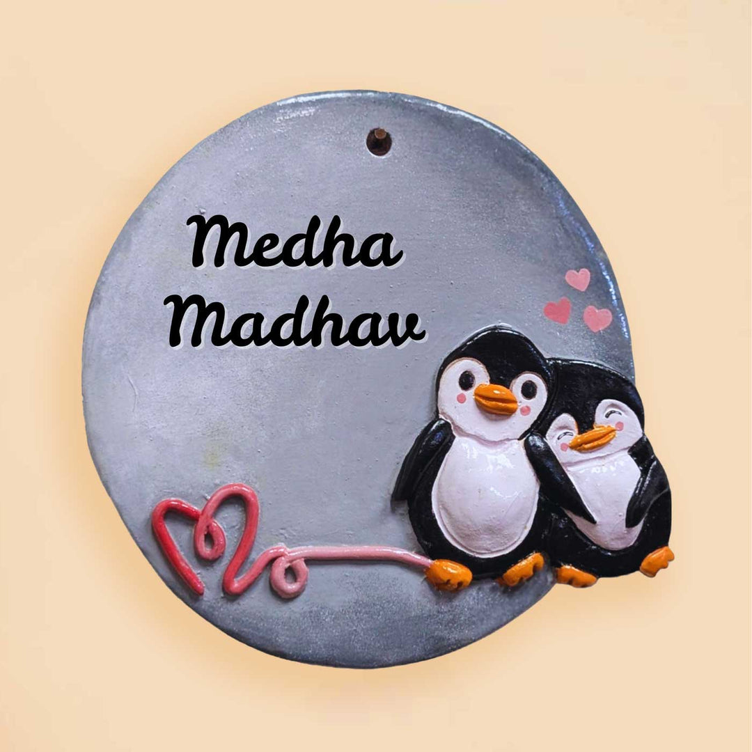 Personalized Hand-Painted Penguin Terracotta Name Plate For Couples