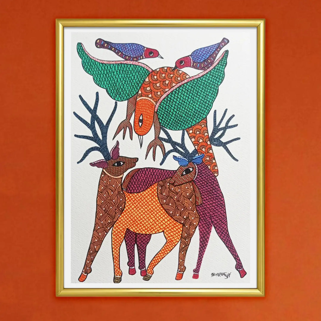 11 x 16 Inch | Deer and Birds in Harmony | Original Hand Painted Tribal Gond Art Painting | Acrylic Paint On Paper