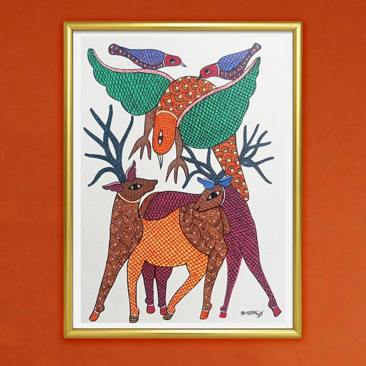 11 x 16 Inch | Deer and Birds in Harmony | Original Hand Painted Tribal Gond Art Painting | Acrylic Paint On Paper