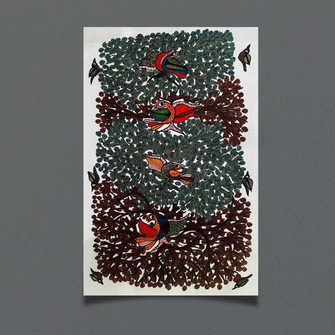 15 x 22 Inch | Birds & Leaves | Original Hand Painted Tribal Gond Art Painting | Acrylic Paints On Paper