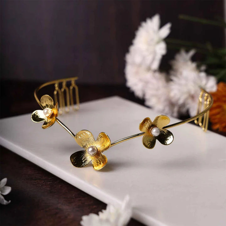 Handmade Phool Bageecha 18k Gold Plated Reverse Headband For Weddings