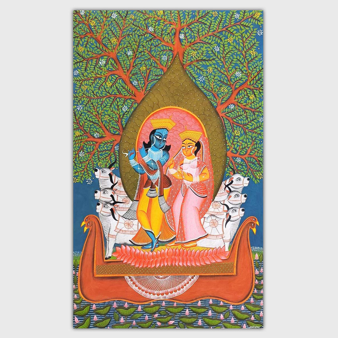 29 x 48 Inch | Radha Krishna On Boat | Original Hand Painted Kalighat Painting | Natural Pigment On Paper