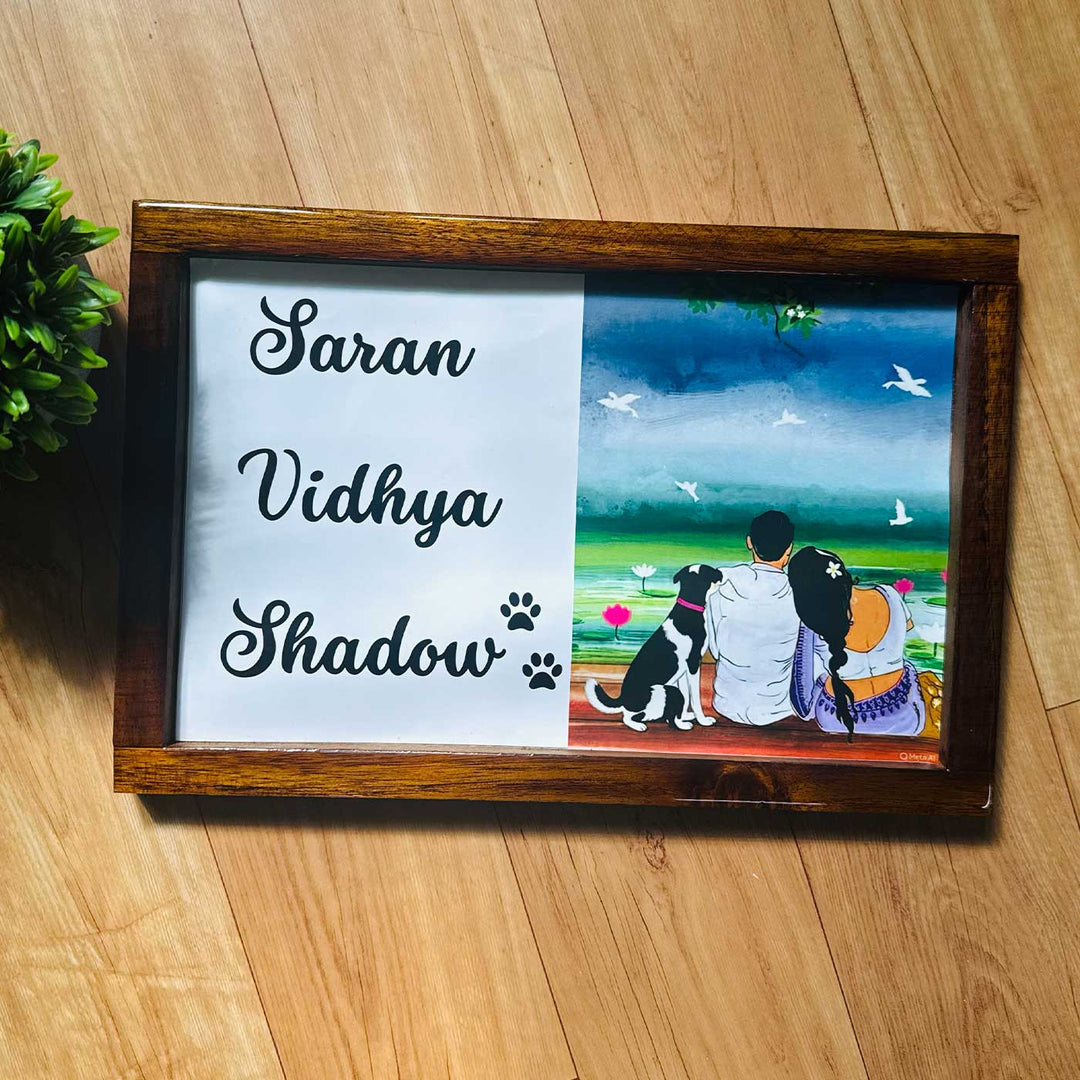 Couple With Pet Caricature Photo Personalized Resin Wooden Frame Name Plate