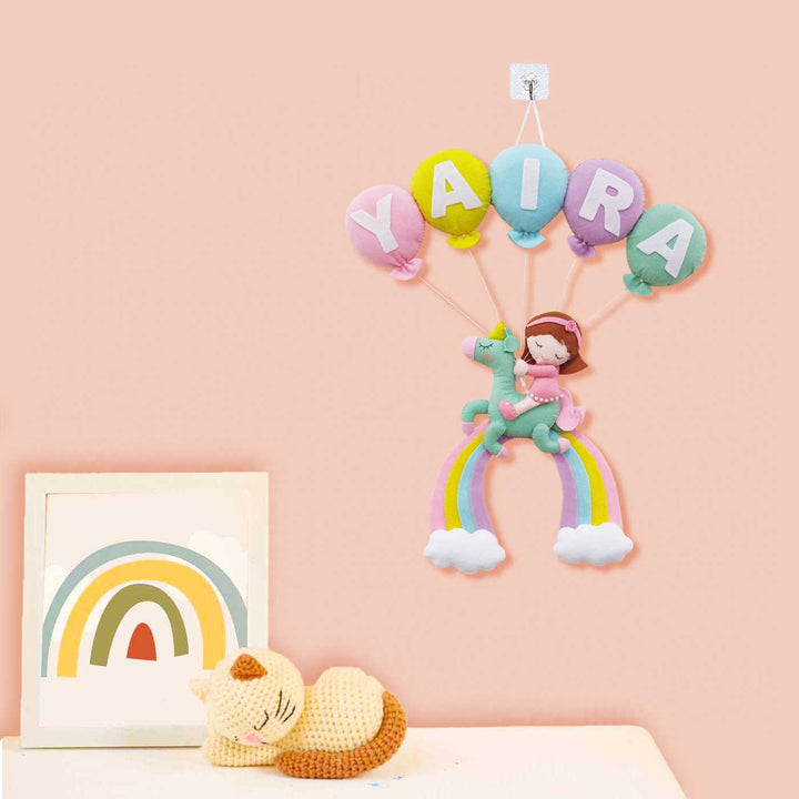 Personalized Handmade Unicorn With Balloons Theme Felt Kids Name Plate