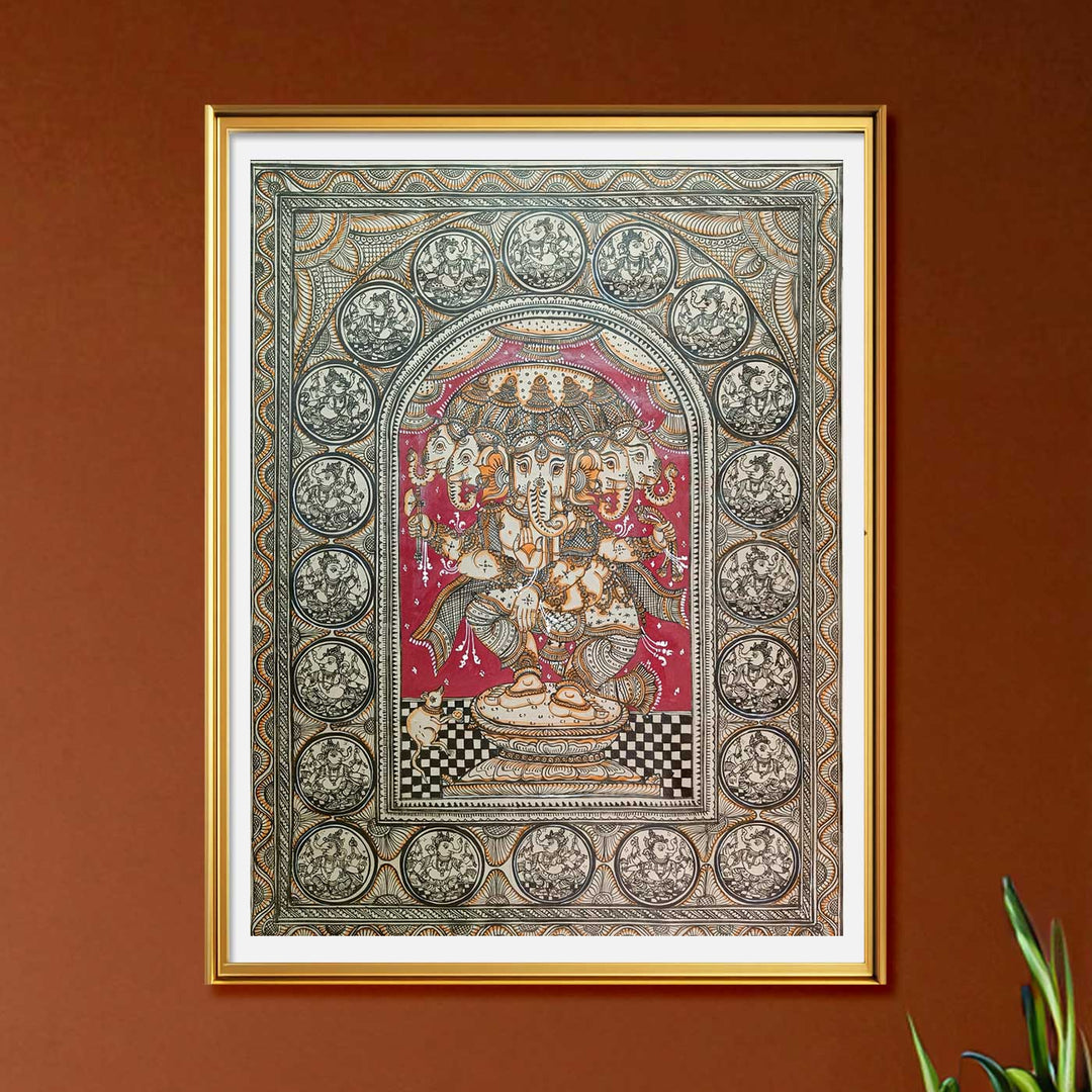 20 X 30 Inch | Handmade Silk Dancing Panchamukhi Ganesha Painting
