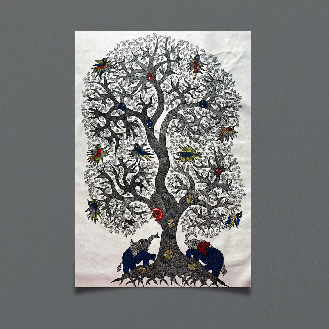 24 x 36 Inch | Elephant & Tree | Original Hand Painted Tribal Gond Art Painting | Acrylic Paints On Paper