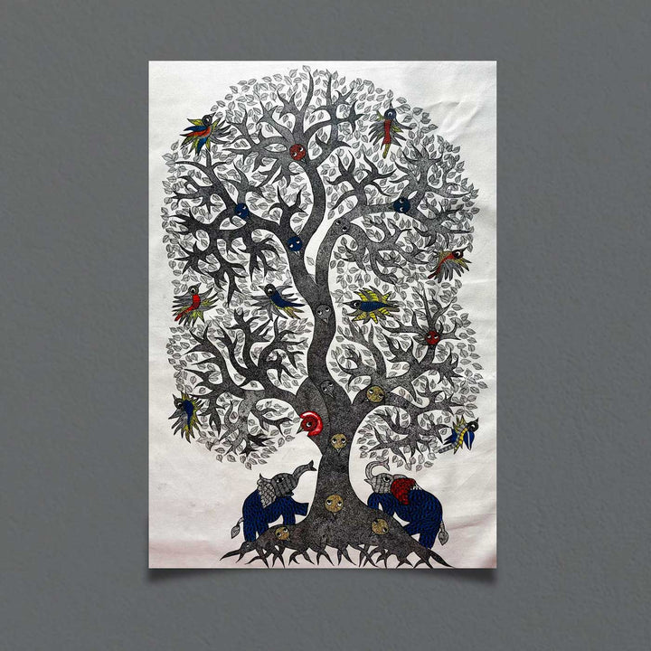 24 x 36 Inch | Elephant & Tree | Original Hand Painted Tribal Gond Art Painting | Acrylic Paints On Paper