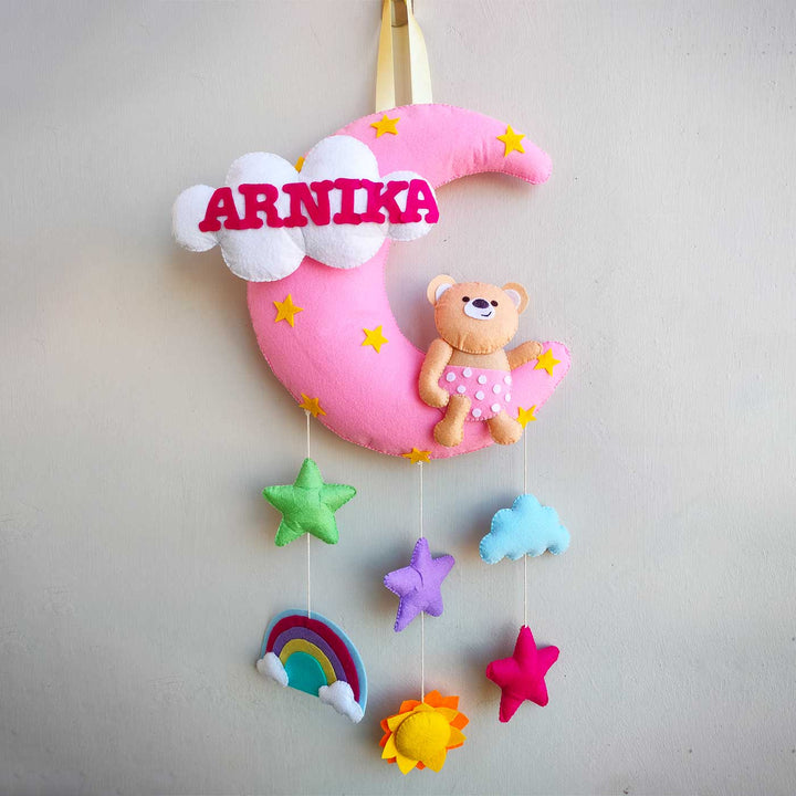 Personalized Teddy On Moon Theme Felt Kids Name Plate