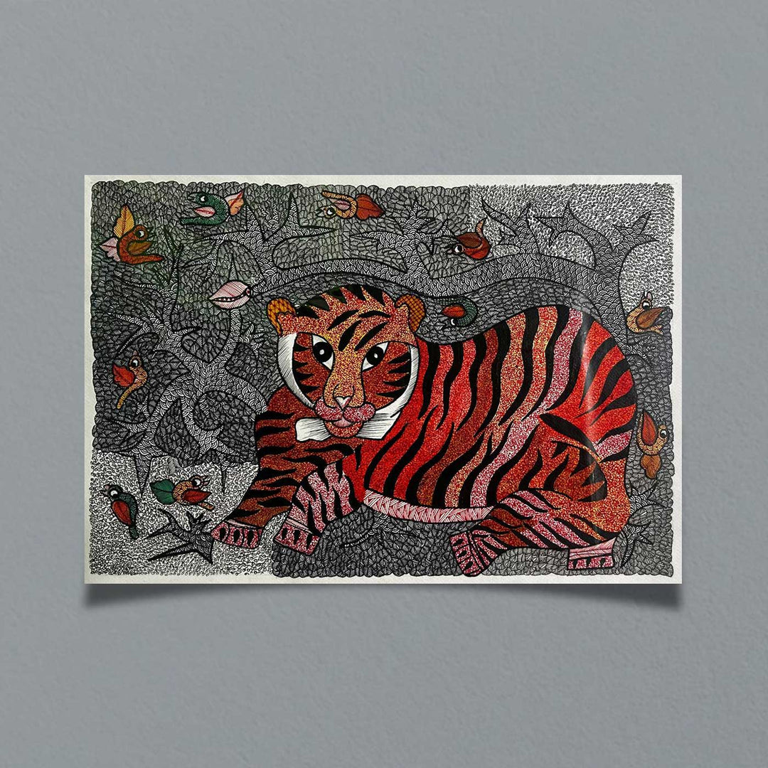 15 x 22 Inch | Tiger & Birds | Original Hand Painted Tribal Gond Art Painting | Acrylic Paints On Paper