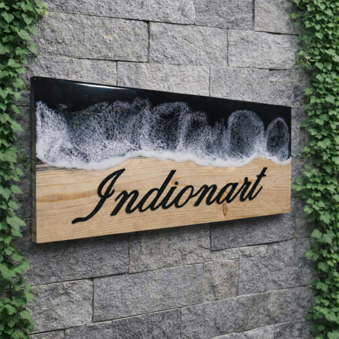 Black Ocean Wave High-Gloss Handcrafted Resin Pinewood Personalized Name Plate For Home