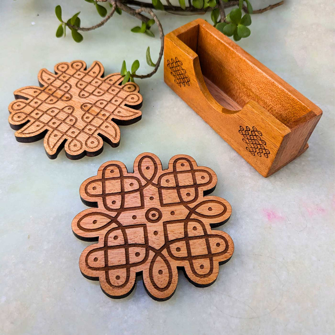 2 pc | Engraved Mahogany Wood Floral Kolam Coasters With Holder For Coffee Table & Dining Decor