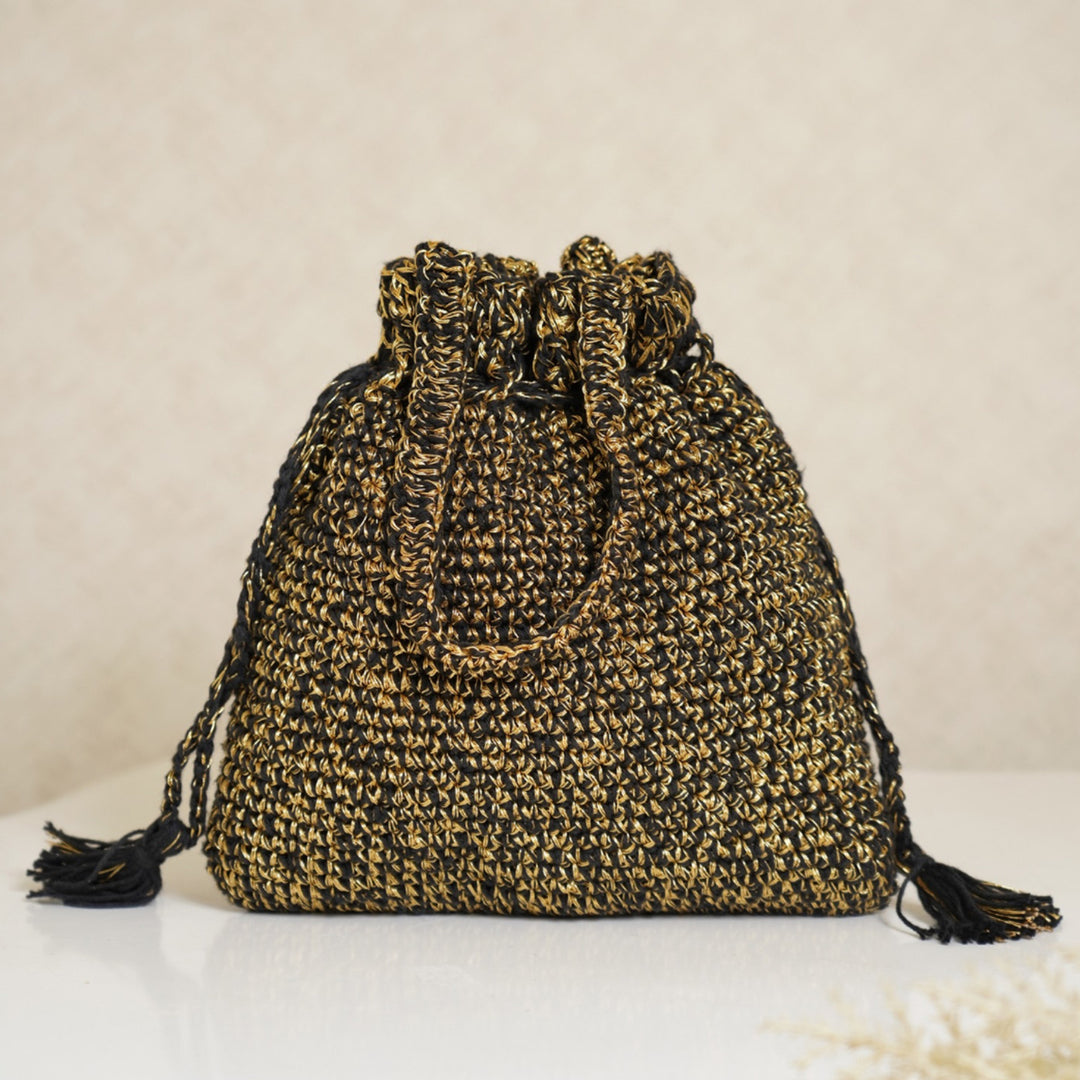 Handmade Crochet Black & Golden Midnight Bloom Potli