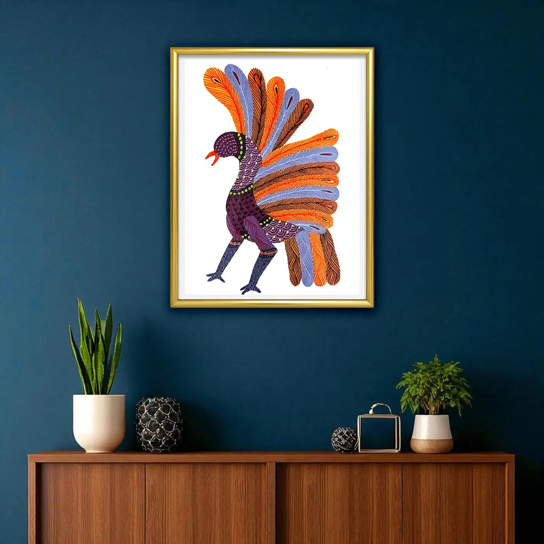 6 x 8 Inch | Dancing Peacock | Original Hand painted Tribal Gond Art Painting | Acrylic Paints On Paper