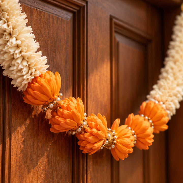 Handmade Marigold Champai Orange & Ivory Sola Wood Flower Toran with Pearl Beads