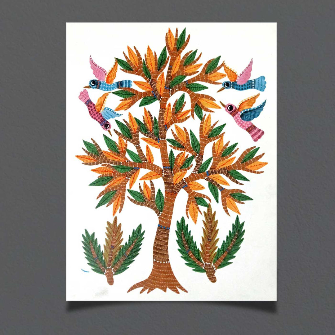 11 x 15 Inch | Birds Around Tree | Original Hand painted Tribal Gond Art Painting | Acrylic Paints On Paper