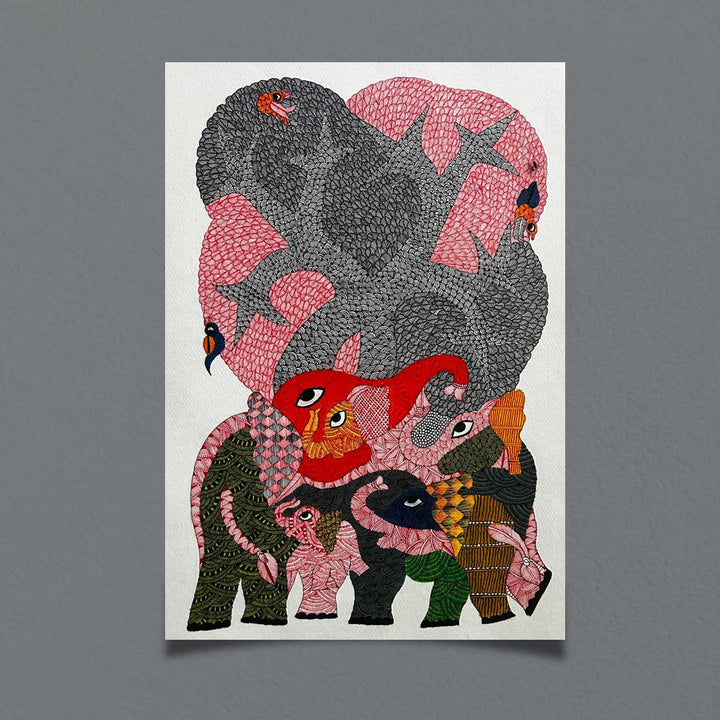 15 x 22 Inch | Elephants’ Canopy | Original Hand Painted Tribal Gond Art Painting | Acrylic Paints On Paper
