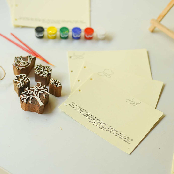 Talkative Turtle Panchatantra Block Printing DIY Kit | 5 Stamps, Poster Colours, Painting Brush, Printing Pads, Story Cards  And Jute String