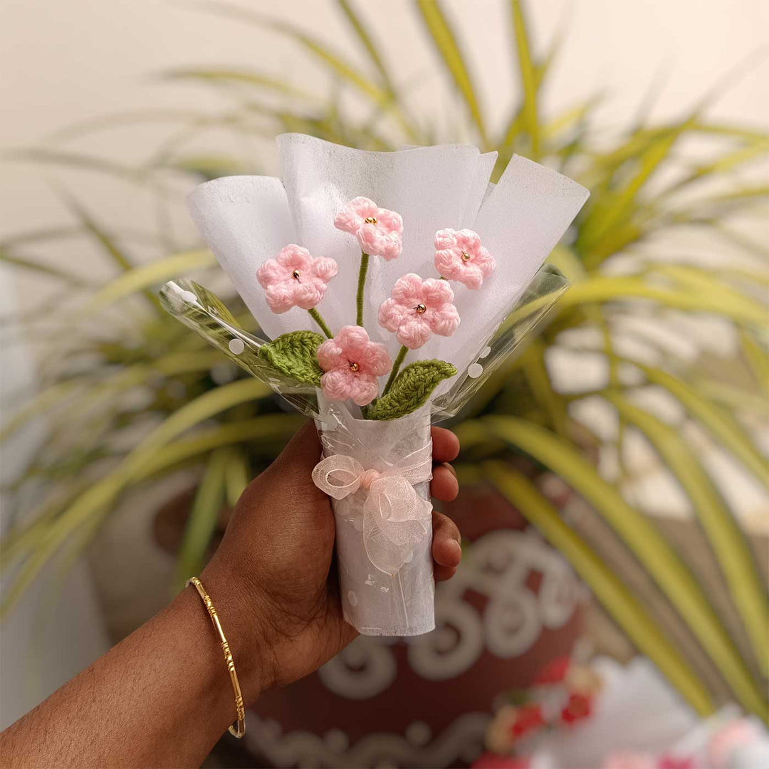 Handmade Crochet Light Pink Blossom Mini Flower Bouquet | Includes Photo & Greeting Card