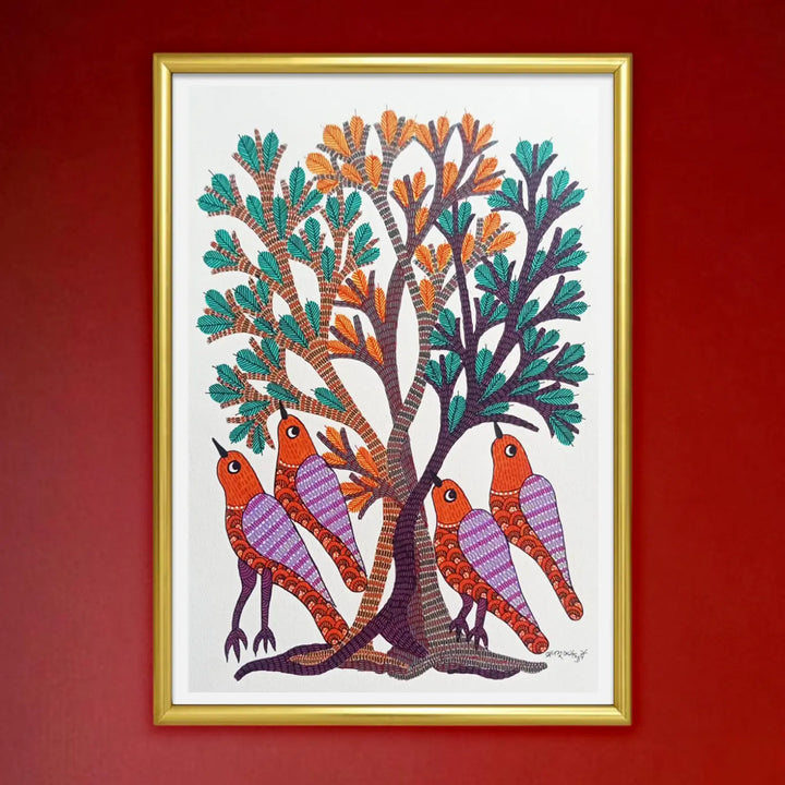 11 x 16 Inch | Birds Resting Under Tree | Original Hand Painted Tribal Gond Art Painting | Acrylic Paint On Paper