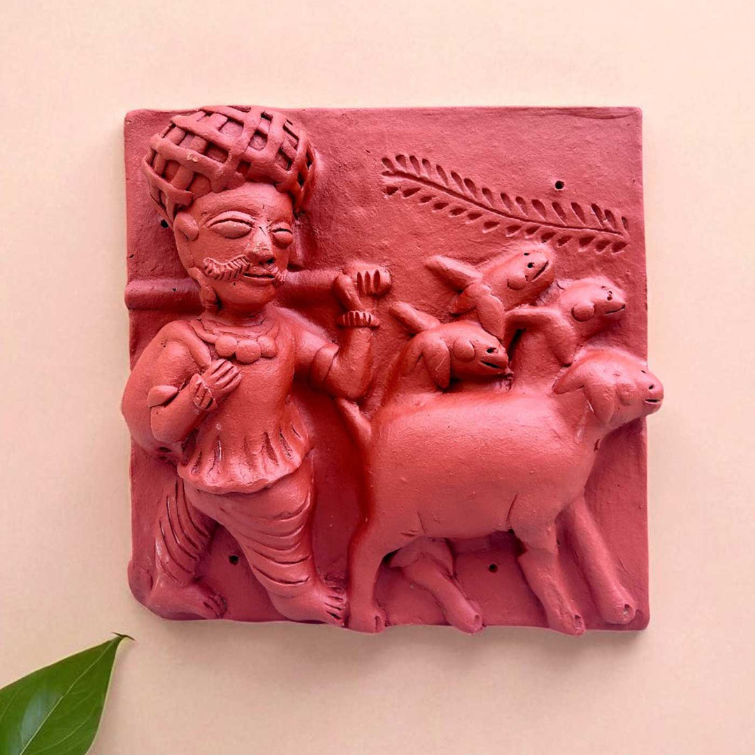 9 x 9 Inch | Cattle Grazer | 3D Handmade Terracotta Molela Mural Wall Art Tile