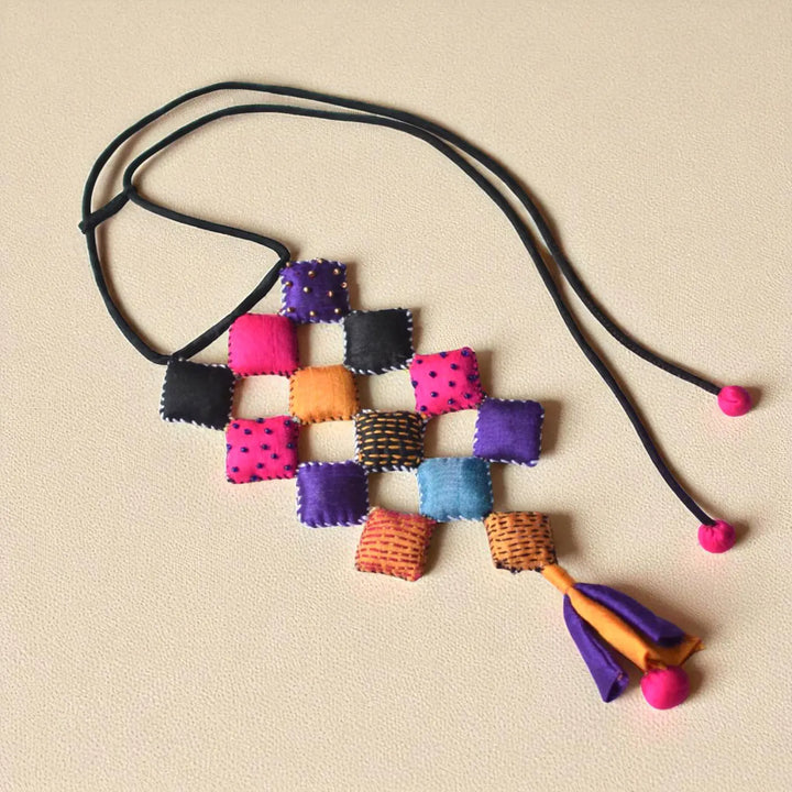 Handmade Textile Art Diamond Shaped Dupion Silk Fabric Necklace