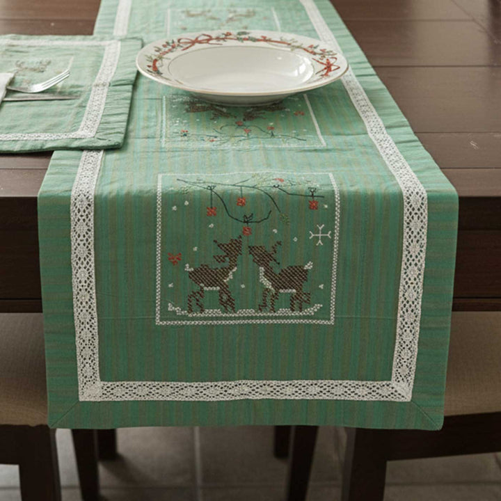Handmade Lace Embroidered Reindeer Tales Green Table Runner