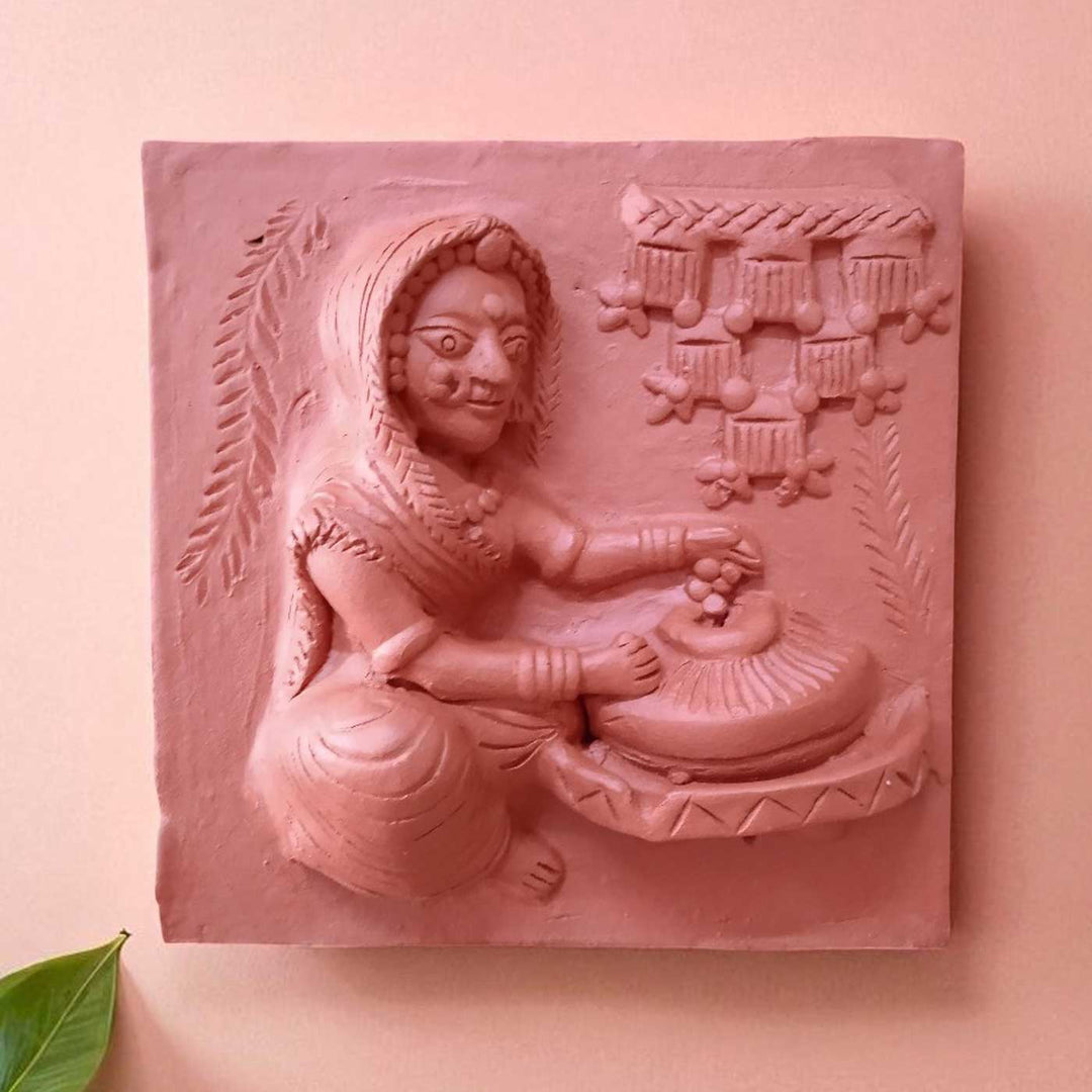 9 x 9 Inch | Lady With Stone Mill | 3D Handmade Terracotta Molela Mural Wall Art Tile