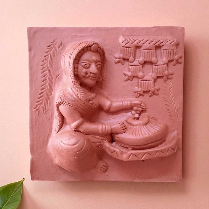 9 x 9 Inch | Lady With Stone Mill | 3D Handmade Terracotta Molela Mural Wall Art Tile