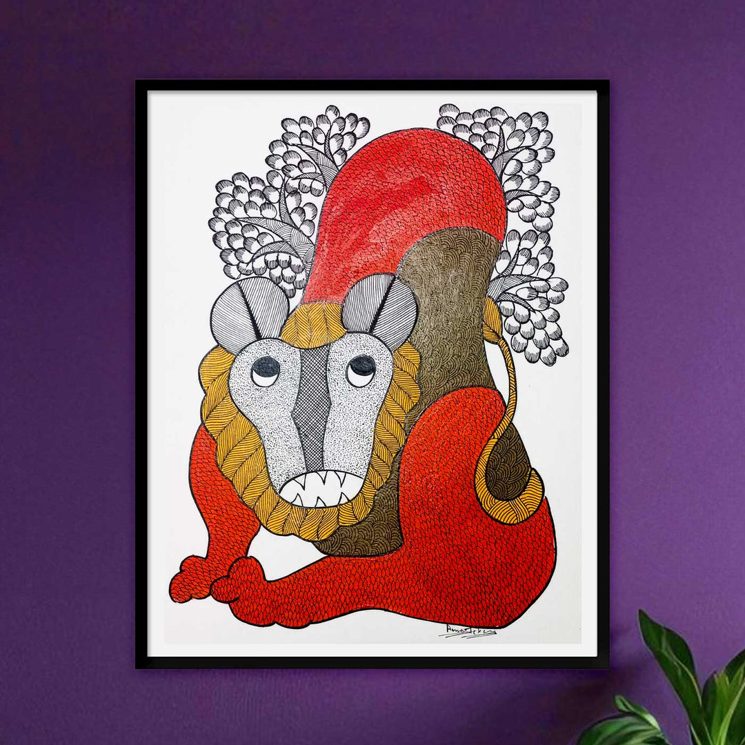 11 x 15 Inch | Lion of the Sacred Grove | Original Hand Painted Tribal Gond Art Painting | Acrylic Paints On Paper