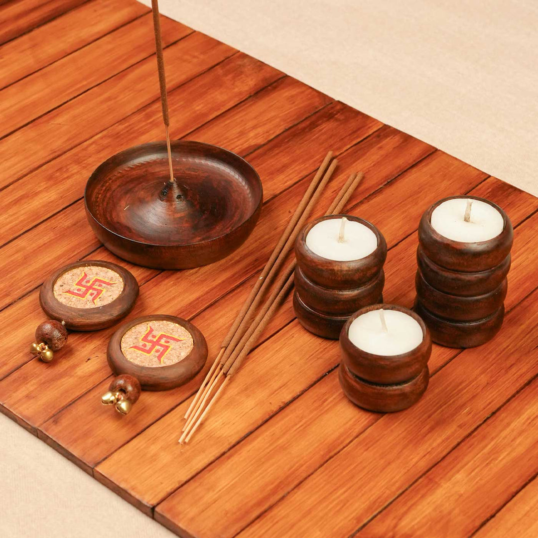 Handmade Sajavat Gift Hamper | Includes Wooden Foldable Runner, Spiral Cylinder Candles, Swastik Door Hanging, Wooden Agarbatti Stand, Seed Card And Outer Box