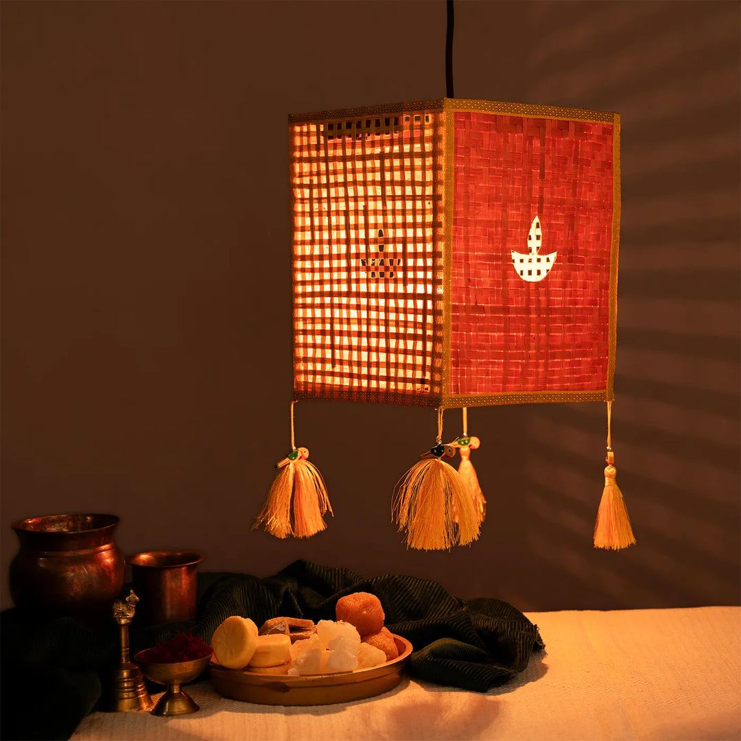 Orange & Yellow Zari Border Handmade Woven Bamboo Square Hanging Lampshade