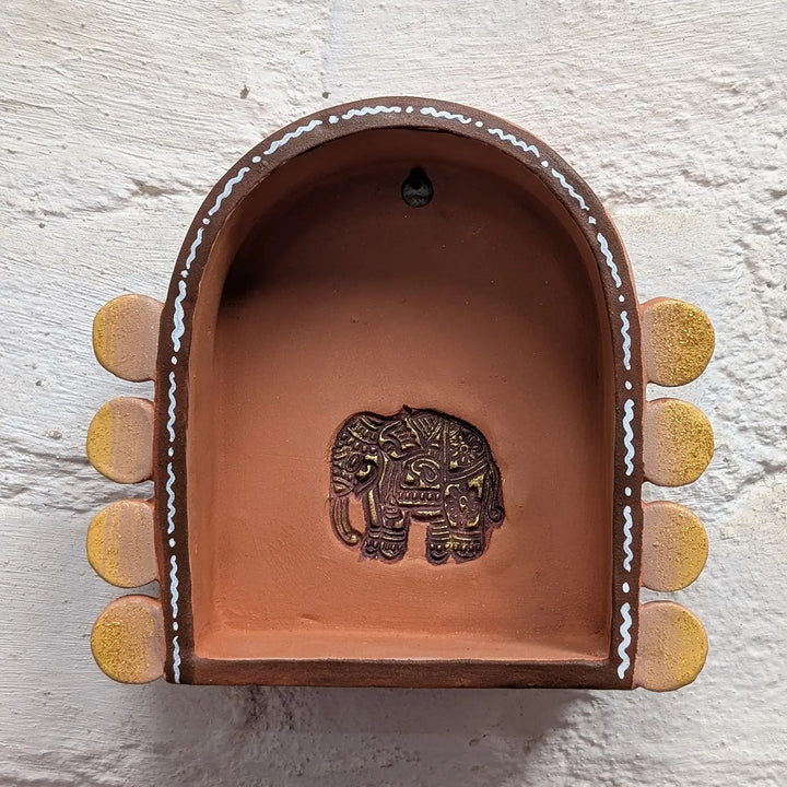 Hand-Painted Rustic Elephant Motif Terracotta Tealight Holder