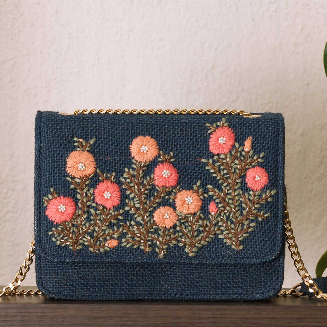 Personalized Embroidered Pink Buttercups Blue Flap Bag