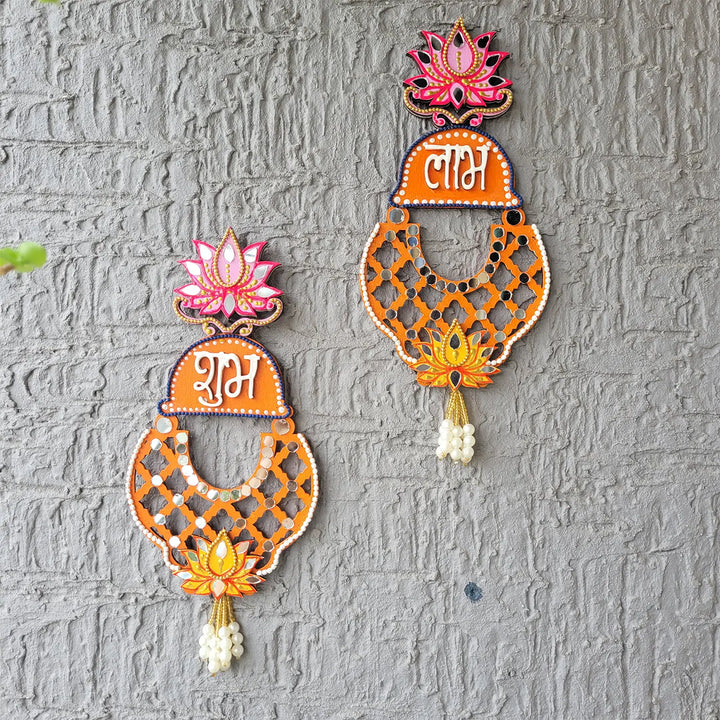 Hand-Painted Mirror Work Orange & Pink Lotus MDF Wood Shubh Labh Hangings | Set Of 2