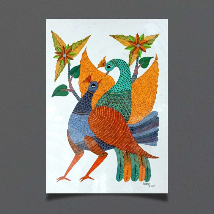 11 x 15 Inch | Peacock Couple | Original Hand painted Tribal Gond Art Painting | Acrylic Paints On Paper
