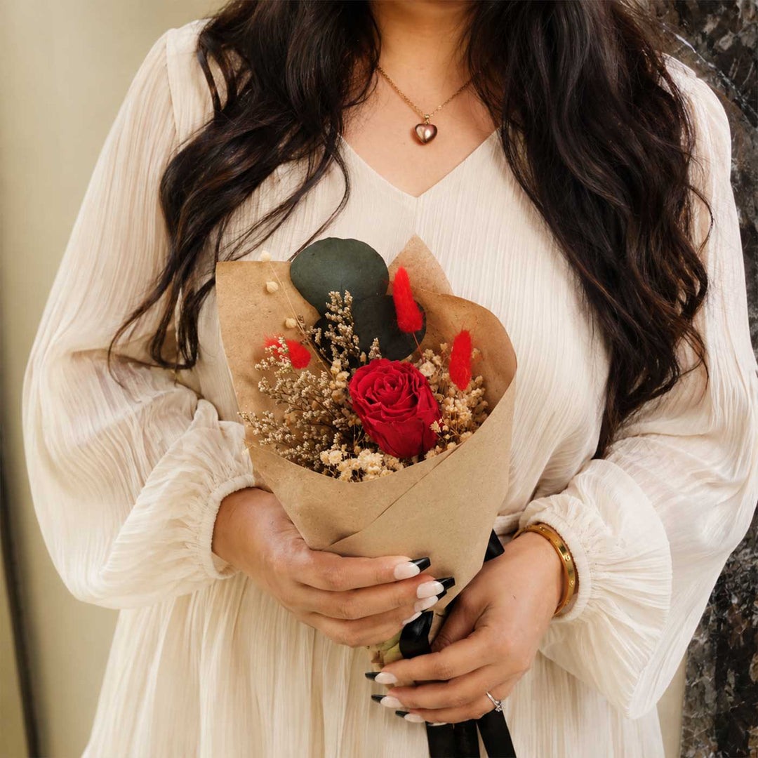 Ruby Romance Real Red Rose With Dried Flower Bouquet
