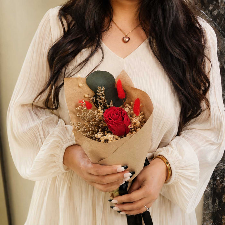 Ruby Romance Real Red Rose With Dried Flower Bouquet