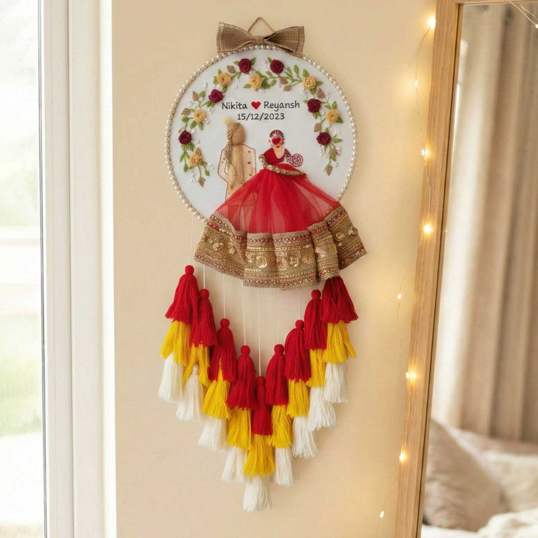 Personalized Embroidered Red & Yellow Wedding Plaque With Tassels