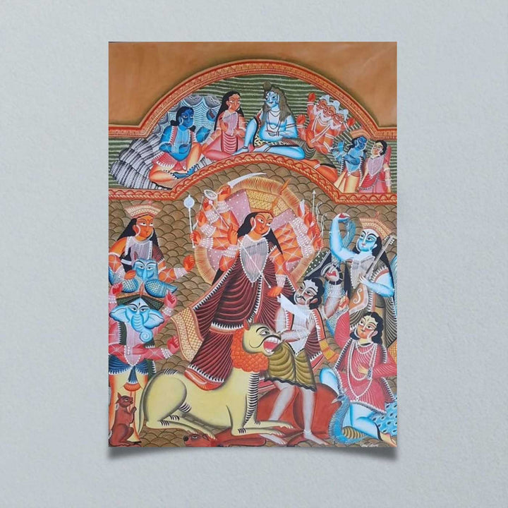 22 x 30 Inch | Mahishasura Mardini Durga With Lion | Original Hand Painted Kalighat Painting | Natural Pigment On Paper