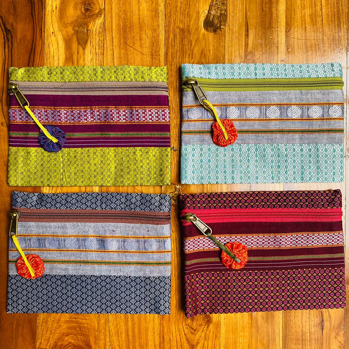 Assorted Cotton Khunn Purse With Floral Charm | Set Of 4
